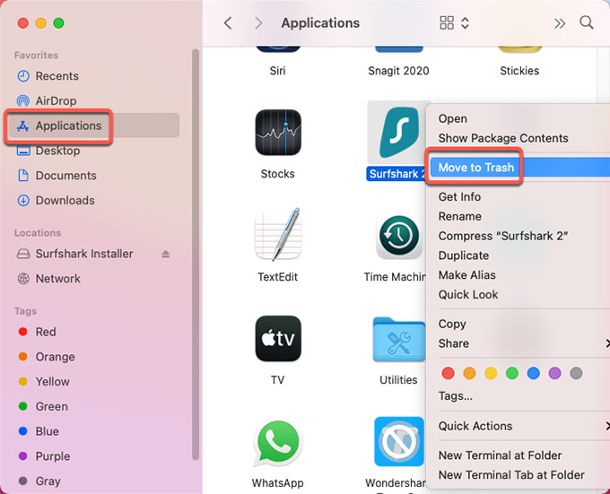 Move Surfshark to Trash