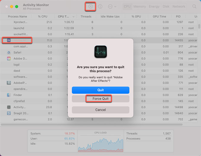 force quit Adobe After Effects