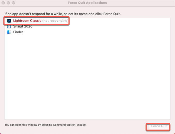 force quit lightroom classic